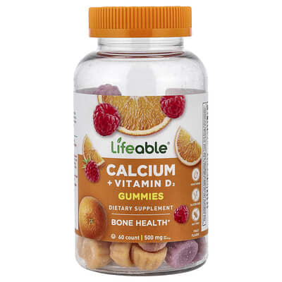 Lifeable, Calcium + Vitamin D3 Gummies, Natural Fruit Flavor, 60 Gummies