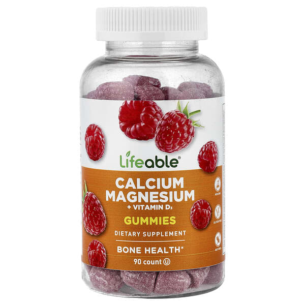 Lifeable, 鈣鎂 + 維生素 D3 軟糖，天然樹莓味，90 粒