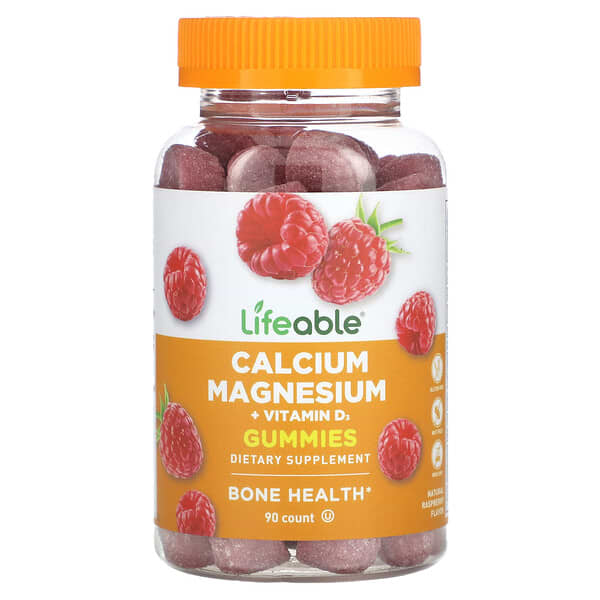 Lifeable Calcium Magnesium + Vitamin D3 Gummies, Natural Raspberry, 90 Gummies