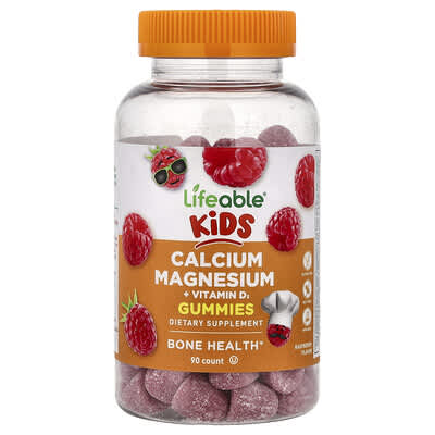Lifeable, Kids' Calcium Magnesium + Vitamin D3 Gummies, Raspberry, 90 Gummies