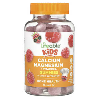 Lifeable, Crianças Cálcio, Magnésio + Vitamina D3, Framboesa, 90 Gomas