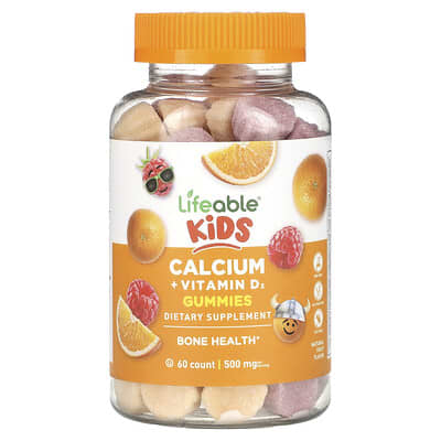 Lifeable, Kids' Calcium + Vitamin D3 Gummies, Natural Fruit, 60 Gummies