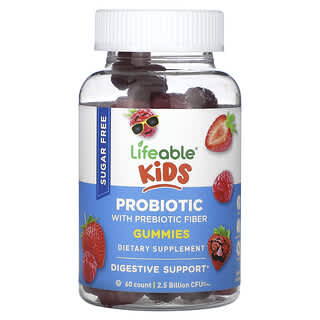 Lifeable, Детский пробиотик с пробиотической клетчаткой, жевательные мармеладки, ягодный, без сахара, 2,5 млрд КОЕ, 60 жевательных таблеток