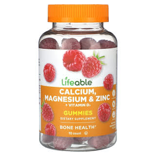 Lifeable, Calcium, Magnesium & Zinc + Vitamin D3 Gummies, Natural Raspberry, 90 Gummies