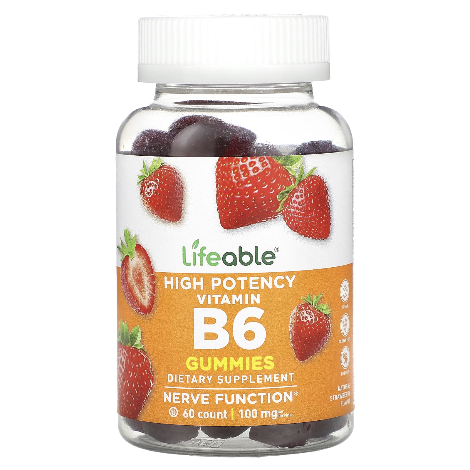 Lifeable, High Potency Vitamin B6 Gummies, Natural Strawberry, 100 mg