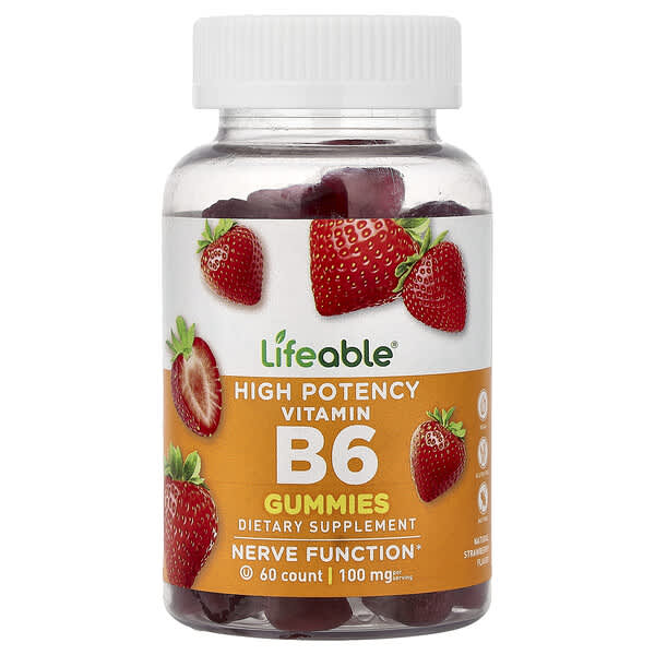 Lifeable, Vitamine B6, Haute efficacité, Arôme naturel de fraise, 60 gommes (50 mg pièce)