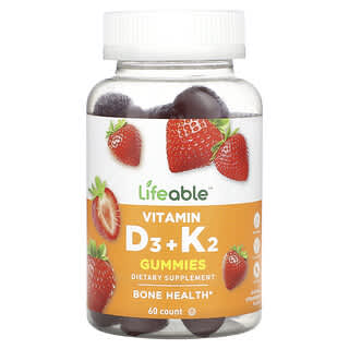 Lifeable, Gommes à la vitamine D3 + K2, au naturel, à la fraise, 60 gommes