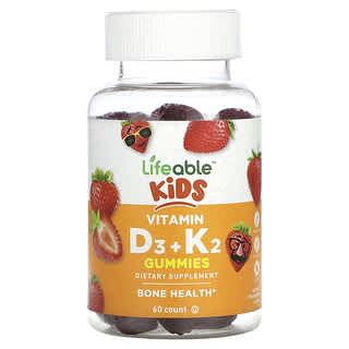 Lifeable, Kids Vitamin D3 + K2 Gummies, Natural Strawberry, 60 Gummies