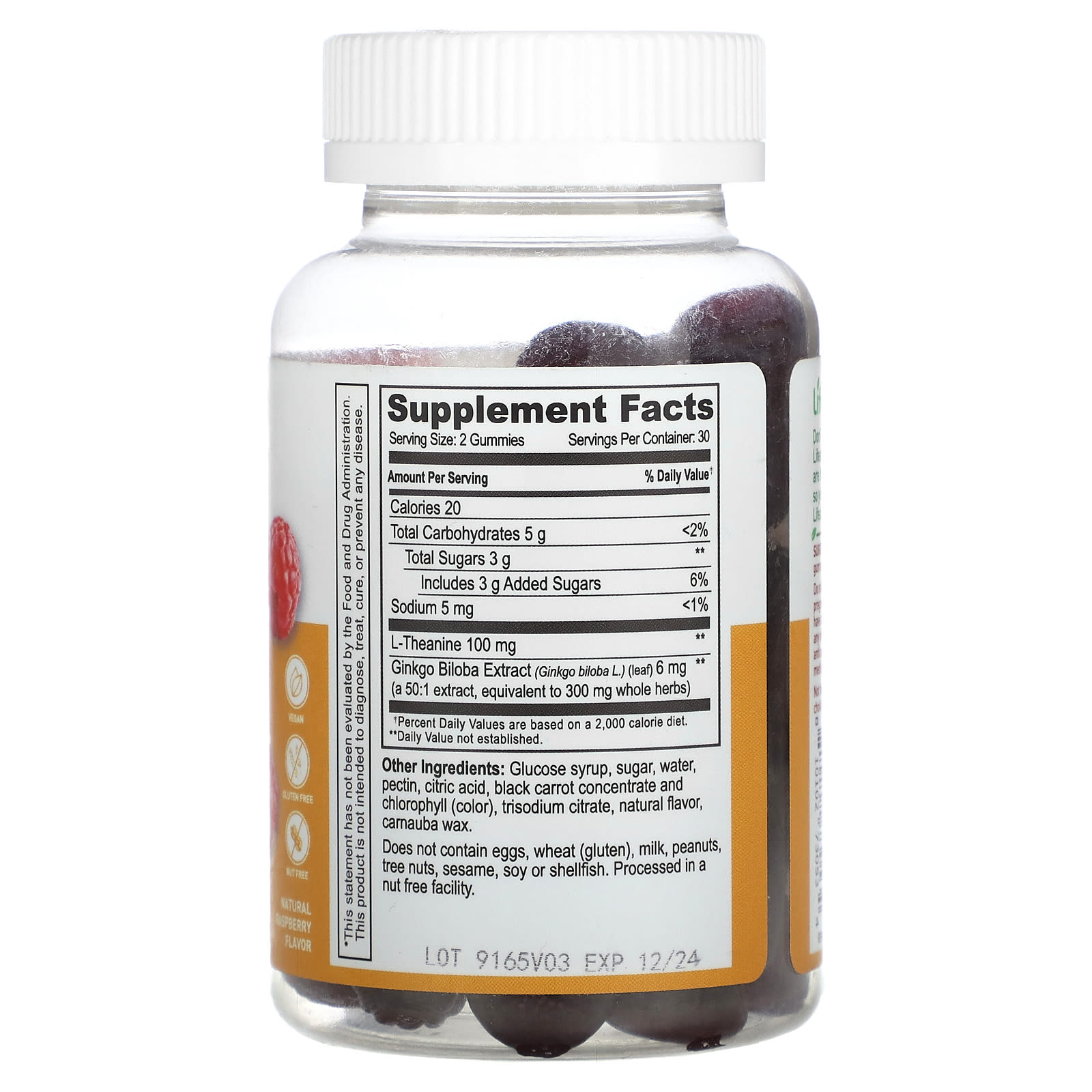 Lifeable, LTheanine with Ginkgo Biloba Gummies, Natural Raspberry, 60