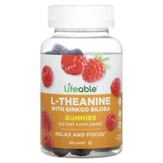 Lifeable, L-теанин с гинкго билоба, жевательные мармеладки, натуральная малина, 60 жевательных таблеток