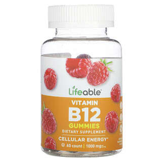 Lifeable, витамин B12, со вкусом натурального малины, 1000 мг, 60 жевательных таблеток (500 мг в 1 жевательной таблетке)
