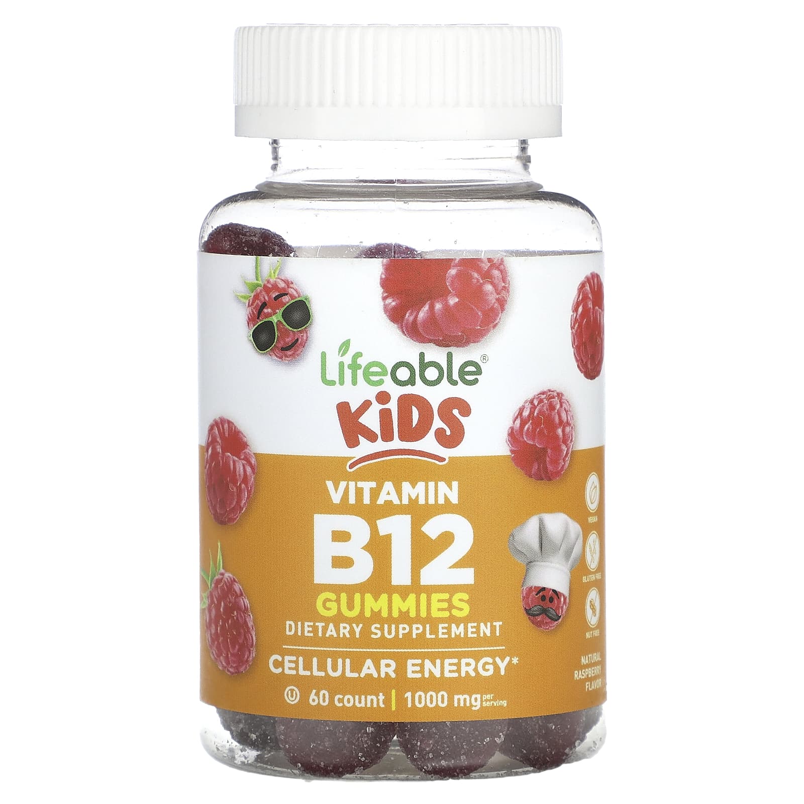 Lifeable, Kids Vitamin B12 Gummies, Natural Raspberry, 500 Mg, 60 Gummies