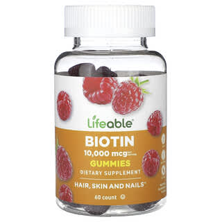 Lifeable, жевательные таблетки с биотином, со вкусом натуральной малины, 10 000 мкг, 60 жевательных таблеток (5000 мкг в одной жевательной таблетке)