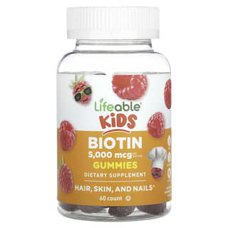 Lifeable, Kids Biotin Gummies, Biotin-Fruchtgummis für Kinder, natürliche Himbeere, 5.000 mcg, 60 Fruchtgummis (2.500 mcg pro Fruchtgummi)