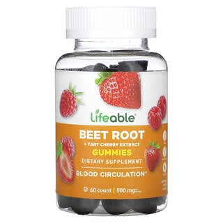 Lifeable, Beet Root + Tart Cherry Extract Gummies, Fruchtgummis mit Rote-Bete-Wurzel + Sauerkirschextrakt, natürliche Beere, 500 mg, 60 Fruchtgummis (250 mg pro Fruchtgummi)