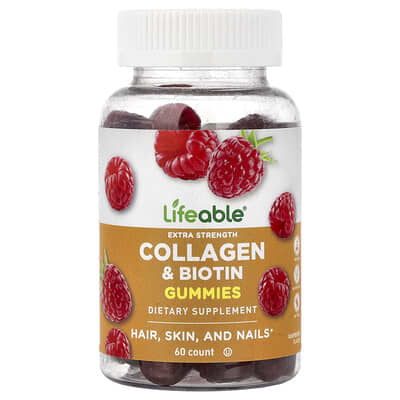 Lifeable, Extra Strength Collagen & Biovitamins Gummies, Natural Raspberry Flavor, 60 Gummies
