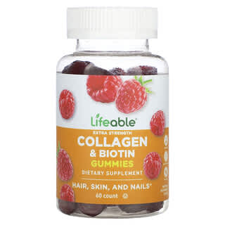 Lifeable, Extra Strength Collagen & Biotin Gummies, Natural Raspberry, 60 Gummies