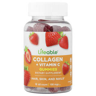 Lifeable, Collagen + Vitamin C Gummies, Fruchtgummis mit Kollagen und Vitamin C, natürlicher Erdbeergeschmack, 60 Fruchtgummis