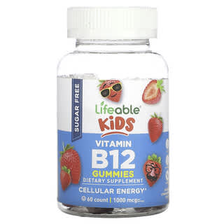 Lifeable, жевательный витамин B12, без сахара, натуральная клубника, 1000 мкг, 60 жевательных таблеток (500 мкг в одной жевательной таблетке)
