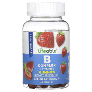 Lifeable, B Complex + витамин C в жевательных таблетках, натуральная клубника, без сахара, 60 жевательных таблеток