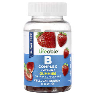 Lifeable, Complejo B y vitamina C, Fresa natural, Sin azúcar, 60 gomitas