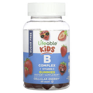 Lifeable, Complexo B para Crianças + Gomas de Vitamina C, Sem Açúcar, Sabor Natural de Morango, 60 Gomas