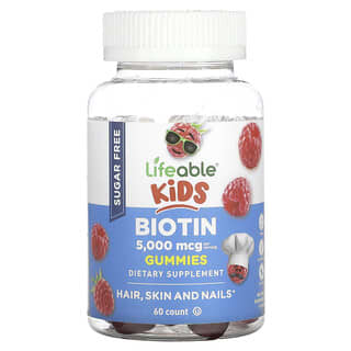 Lifeable, жевательные таблетки с биотином для детей, без сахара, натуральная малина, 5000 мкг, 60 жевательных таблеток (2500 мкг в одной жевательной таблетке)