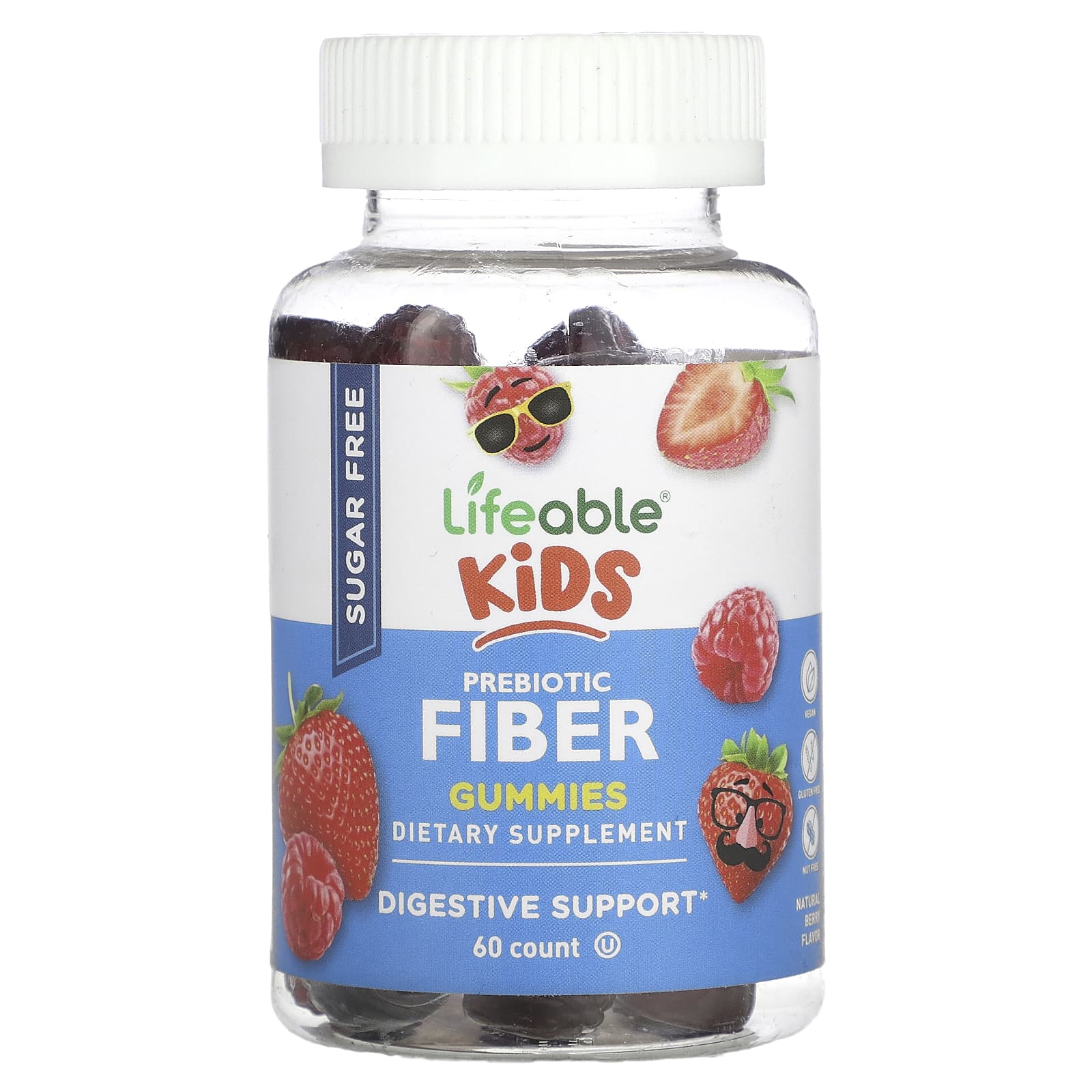 Lifeable, Kids Prebiotic Fiber Gummies, Sugar Free, Natural Berry, 60 ...