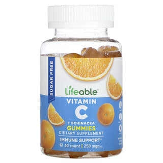 Lifeable, жевательные таблетки с витамином C и эхинацеей, без сахара, натуральный цитрус, 250 мг, 60 жевательных таблеток (125 мг в 1 жевательной таблетке)