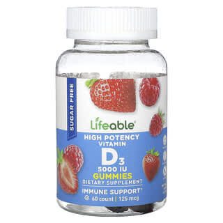 Lifeable, Жевательные таблетки с витамином D3, высокоэффективные, натуральные ягоды, без сахара, 125 мкг (5000 МЕ), 60 жевательных таблеток