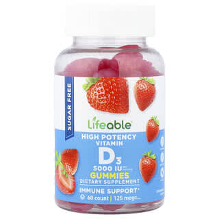 Lifeable, High Potency Vitamin D3 Gummies, Sugar Free, Natural Berry, 125 mcg (5,000 IU), 60 Gummies