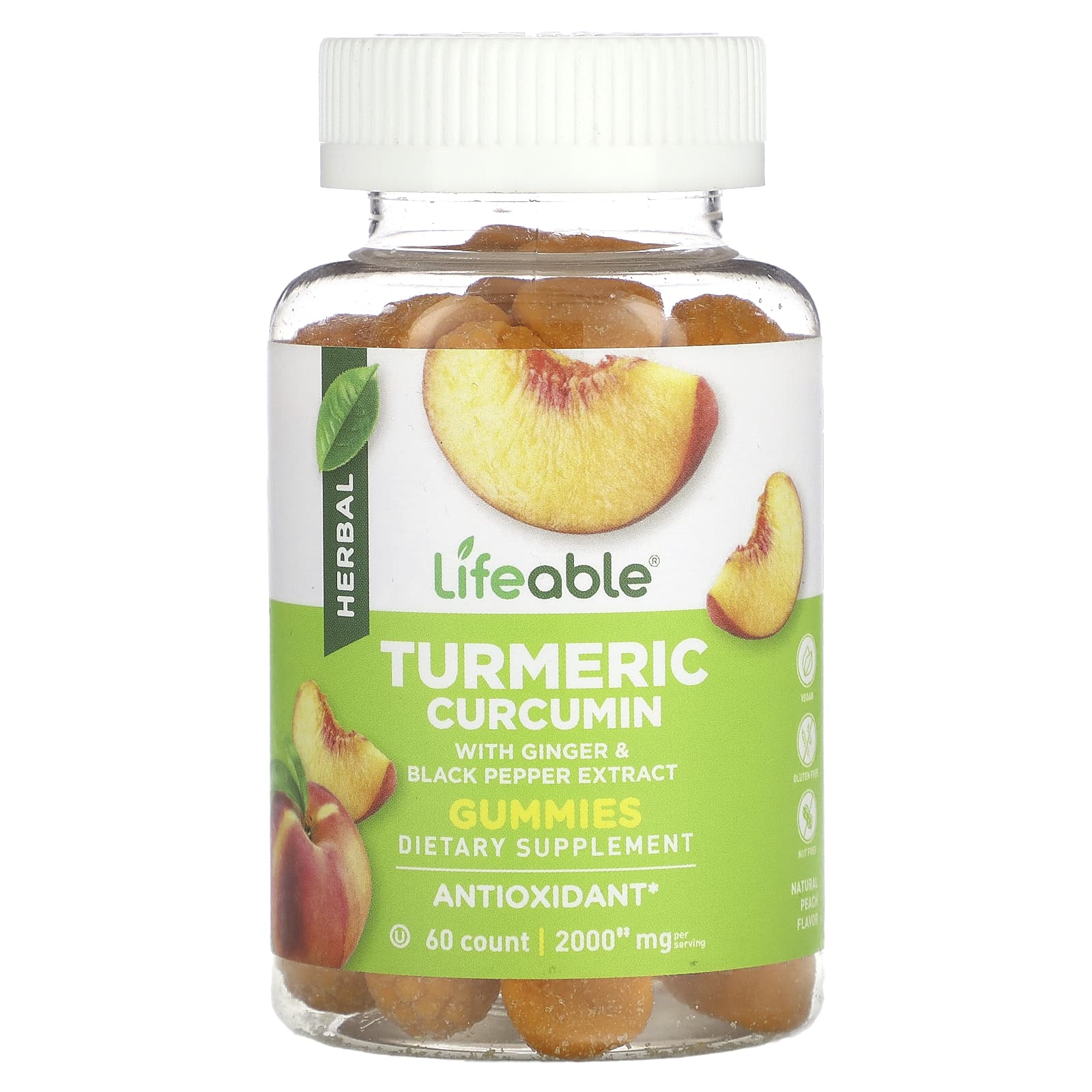 Lifeable, Turmeric Curcumin Gummies, Natural Peach, 2,000 mg, 60