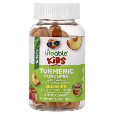 Lifeable, Kids' Curcumin Extract with Ginger and Black Pepper Gummies, Peach Flavor, 60 Gummies
