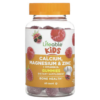 Lifeable, Kids Calcium, Magnesium & Zinc + Vitamin D3 Gummies, Natural Raspberry, 60 Gummies