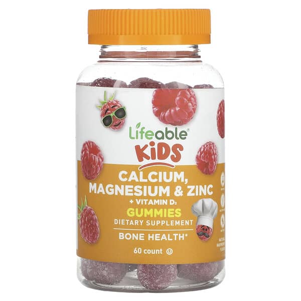 Lifeable, 兒童鈣鎂和鋅 + 維生素 D3 軟糖，天然樹莓味，60 粒