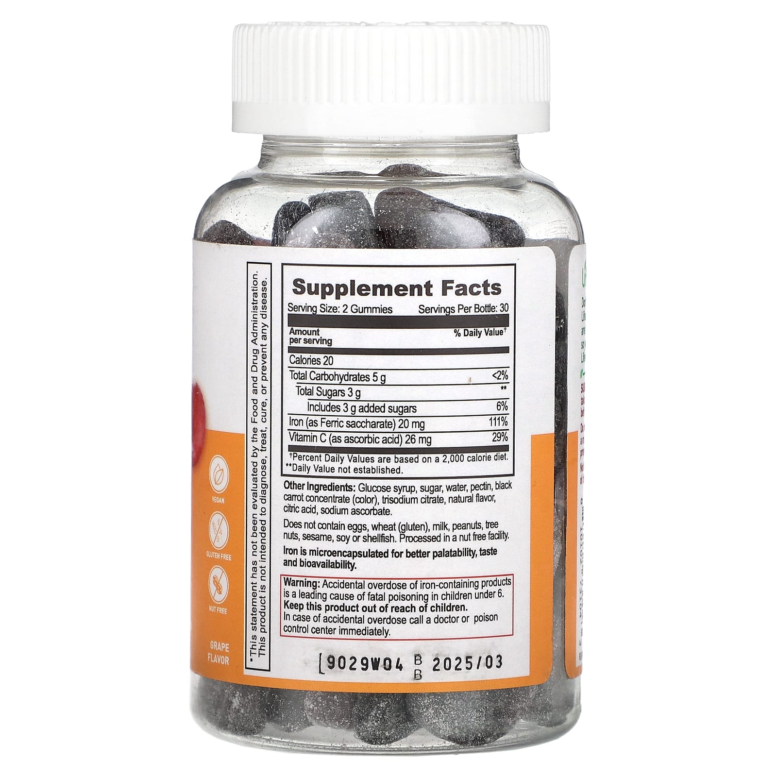 Lifeable, Iron + Vitamin C Gummies, Grape, 20 mg, 60 Count (10 mg per