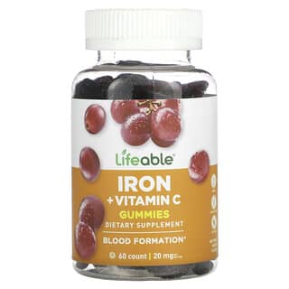 Lifeable, Iron + Vitamin C Gummies, Natural Grape, 10 mg, 60 Gummies