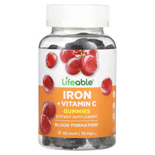 Lifeable, жевательные таблетки с железом + витамином C, со вкусом винограда, 20 мг, 60 штук (10 мг в 1 жевательной таблетке)