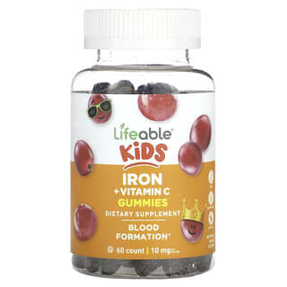 Lifeable, Gomitas con hierro y vitamina C para niños, Uva natural, 10 mg, 60 gomitas (5 mg por gomita)