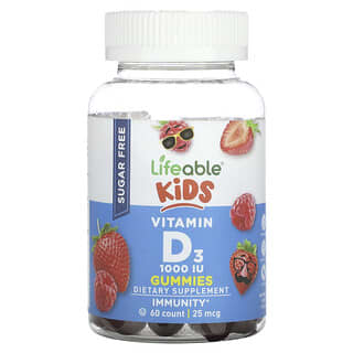Lifeable, Gomas de Vitamina D3 para Crianças, Sem Açúcar, Fruto Silvestre Natural, 25 mcg (1.000 UI), 60 Gomas