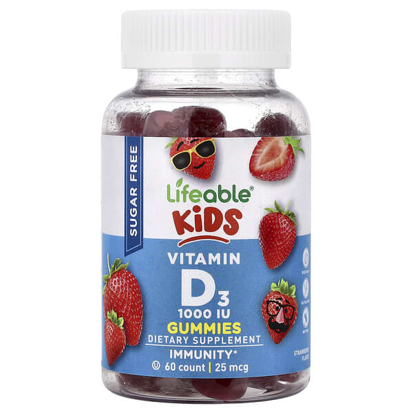 Lifeable Kids Vitamin D3 Gummies, Sugar Free, Strawberry, 25 mcg (1000 IU), 60 Gummies