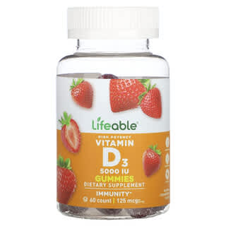 Lifeable, Gommes à la vitamine D3 haute efficacité, Arôme naturel de fraise, 5000 UI, 60 gommes (62,5 mg [2500 UI] par gomme)