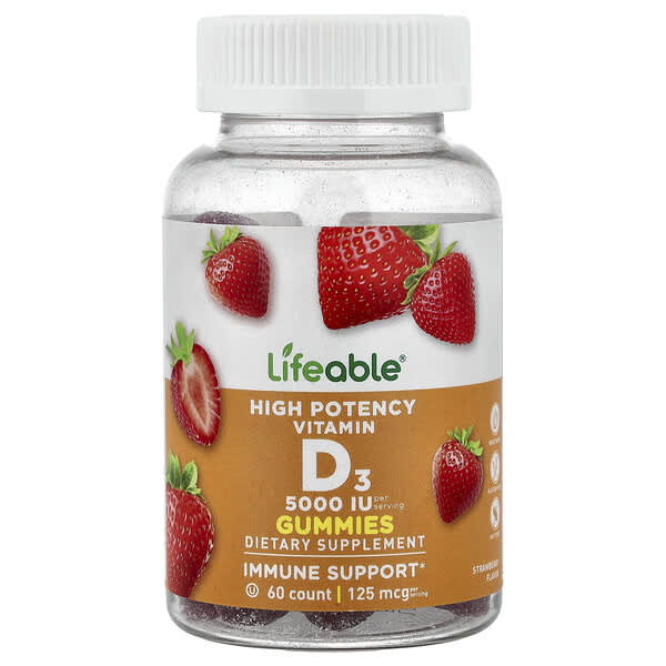 Lifeable, 고효능 비타민D3 구미젤리, 딸기 맛, 구미젤리 60개(구미젤리 1개당 62.5mg(2,500IU))