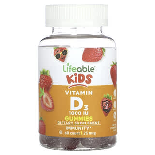Lifeable, Kids Vitamin D3 Gummies, Natural Strawberry, 25 mcg (1,000 IU), 60 Gummies