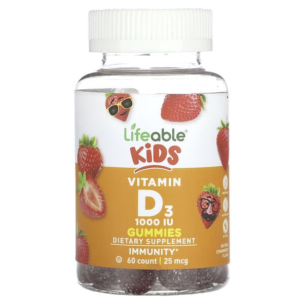 Lifeable, 兒童維生素 D3 軟糖，天然草莓，25 微克（1,000 國際單位），60 粒軟糖