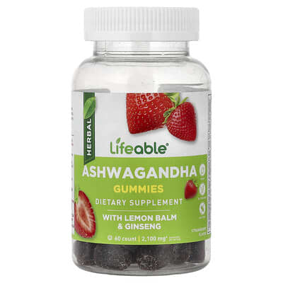 Lifeable, Ashwagandha Gummies with Lemon Balm and Ginseng, Strawberry, 60 Gummies