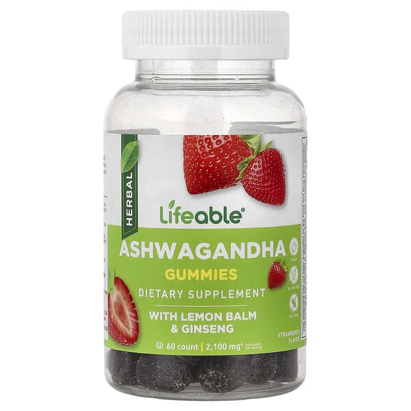 Ashwagandha Gummies with Lemon Balm & Ginseng, Strawberry, 60 Gummies