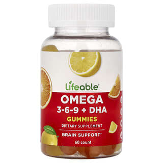 Lifeable, Omega 3-6-9 + DHA Gummies, Orange & Lemon, 60 Gummies