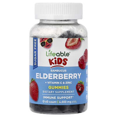 Lifeable, Kids, Elderberry + Vitamin C & Zinc Gummies, Berry Flavor, 60 Gummies