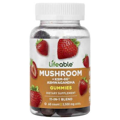 Lifeable, Mushroom + KSM-66® Ashwagandha Gummies, Strawberry Flavor, 60 Gummies